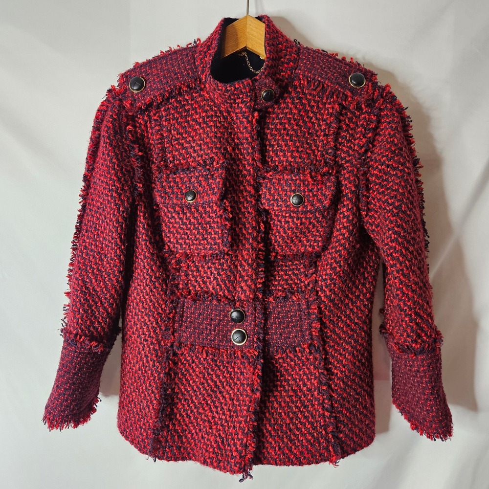 Tory Burch Kensington Red and Navy‎ Tweed Military Style Jacket sz 6
